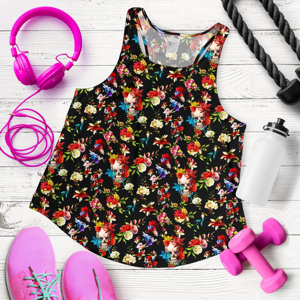 Skull Roses Flower Design Themed Print Women Racerback Tank Top