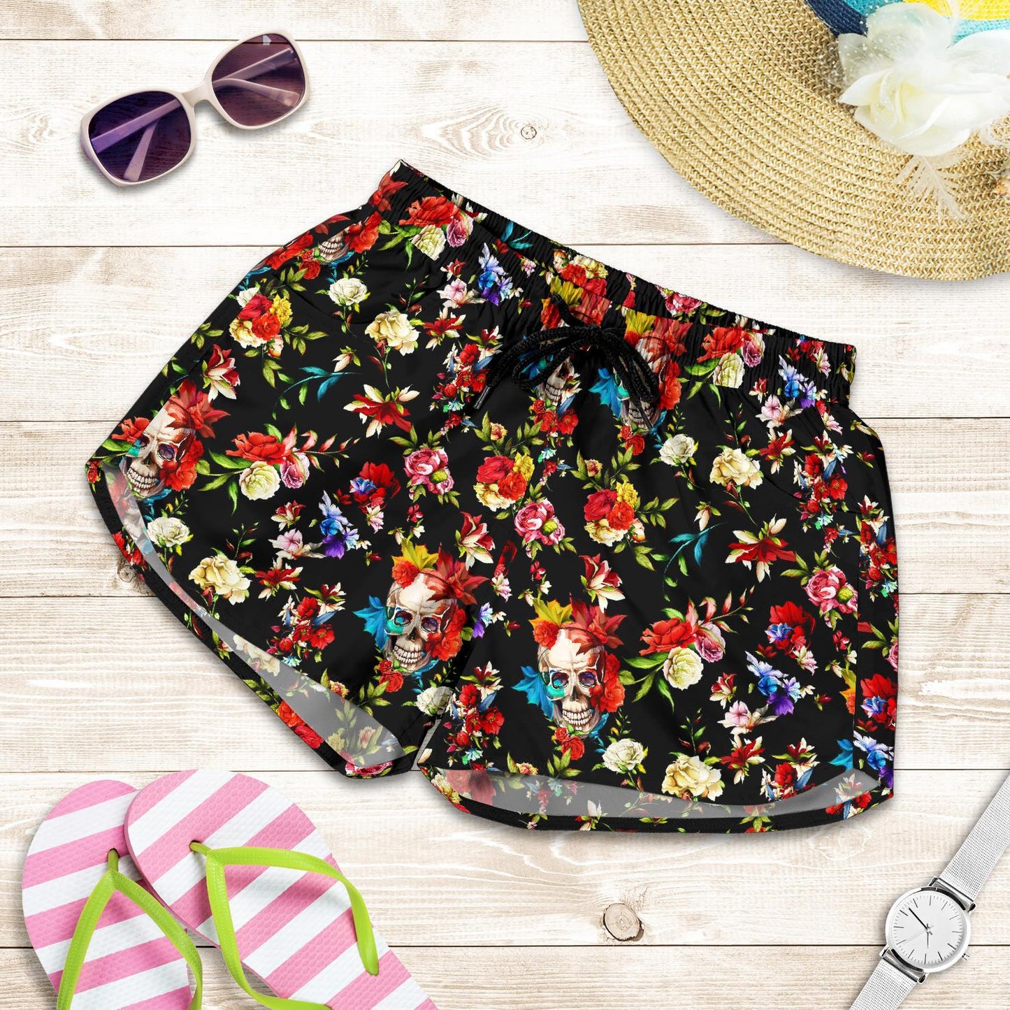 Skull Roses Flower Design Themed Print Women Shorts-JTAMIGO.COM