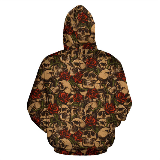Skull Roses Vintage Design Themed Print Pullover Hoodie