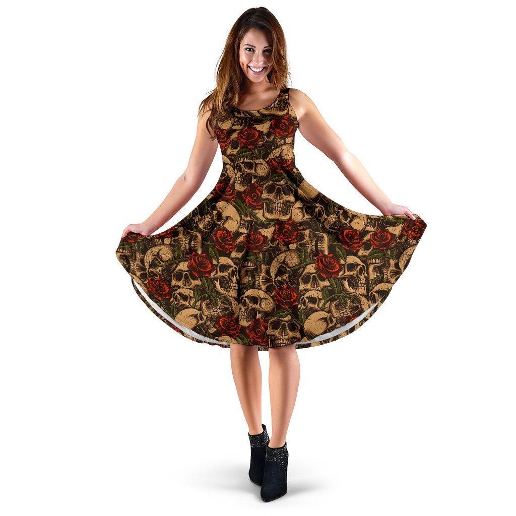 Skull Roses Vintage Design Themed Print Sleeveless Dress