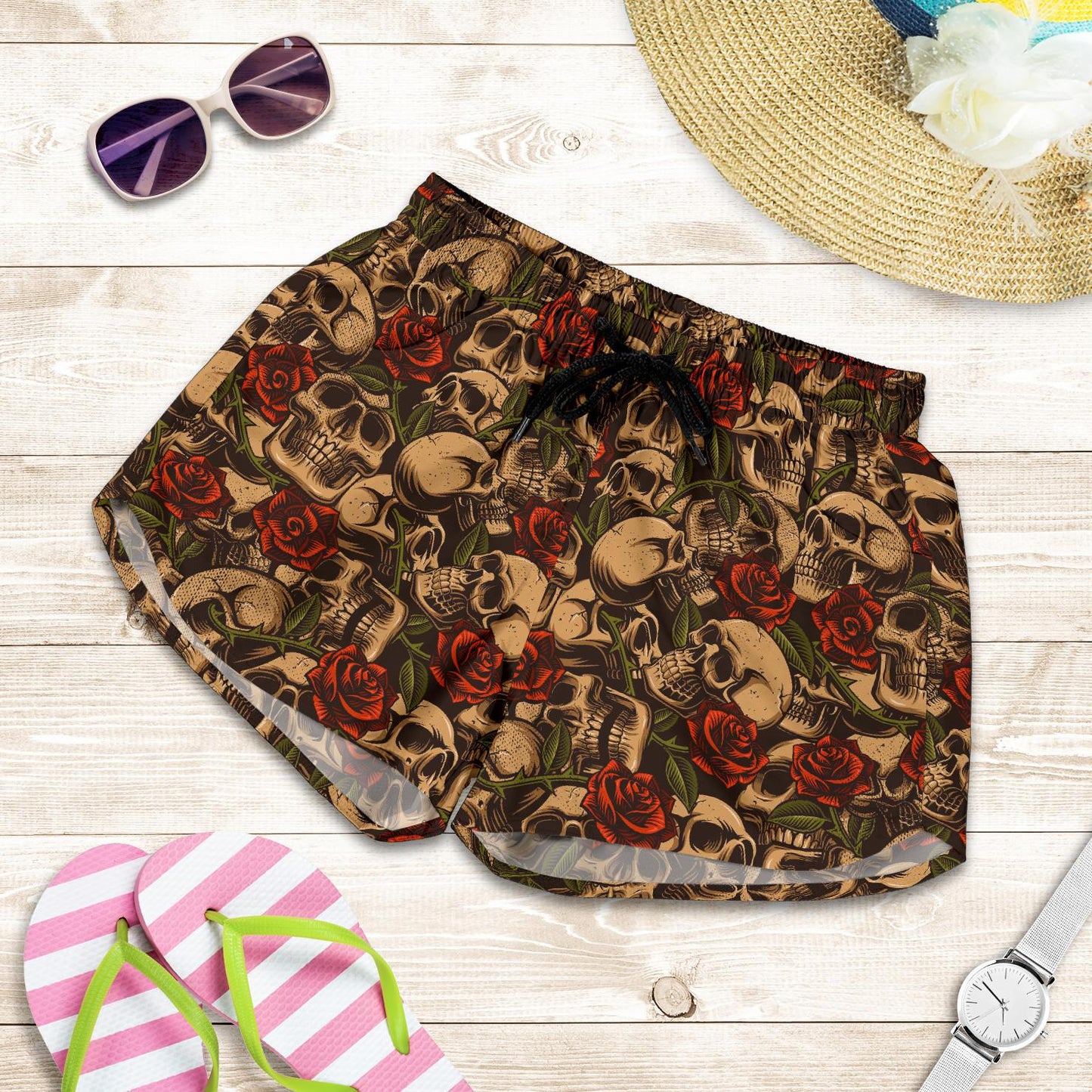 Skull Roses Vintage Design Themed Print Women Shorts-JTAMIGO.COM