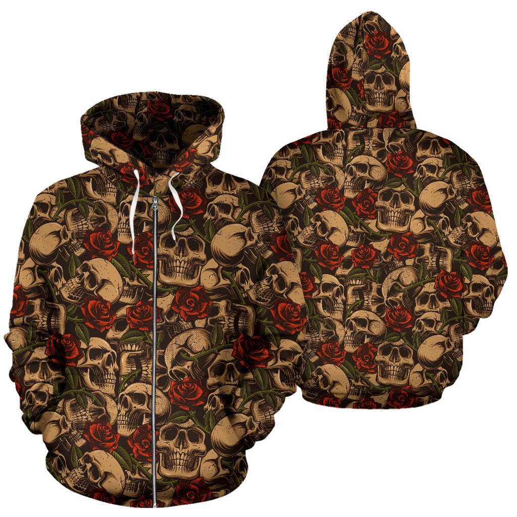 Skull Roses Vintage Design Themed Print Zip Up Hoodie