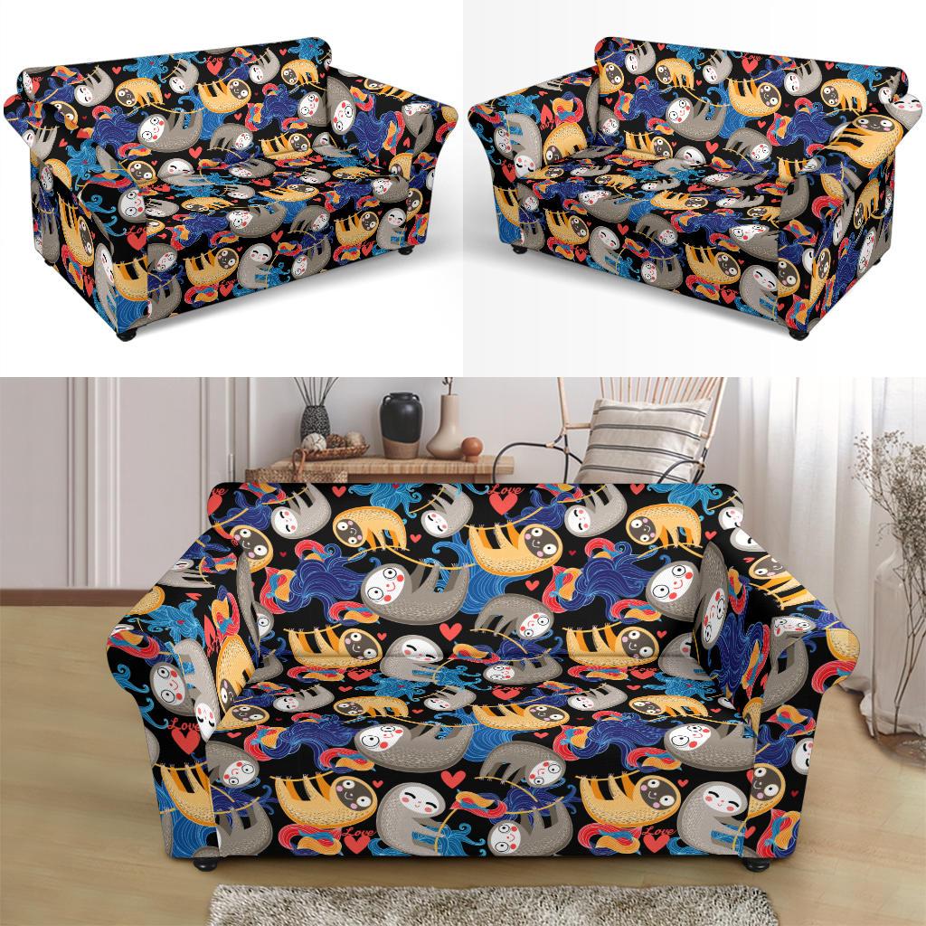 Sloth Cartoon Design Themed Print Loveseat Slipcover-JTAMIGO.COM