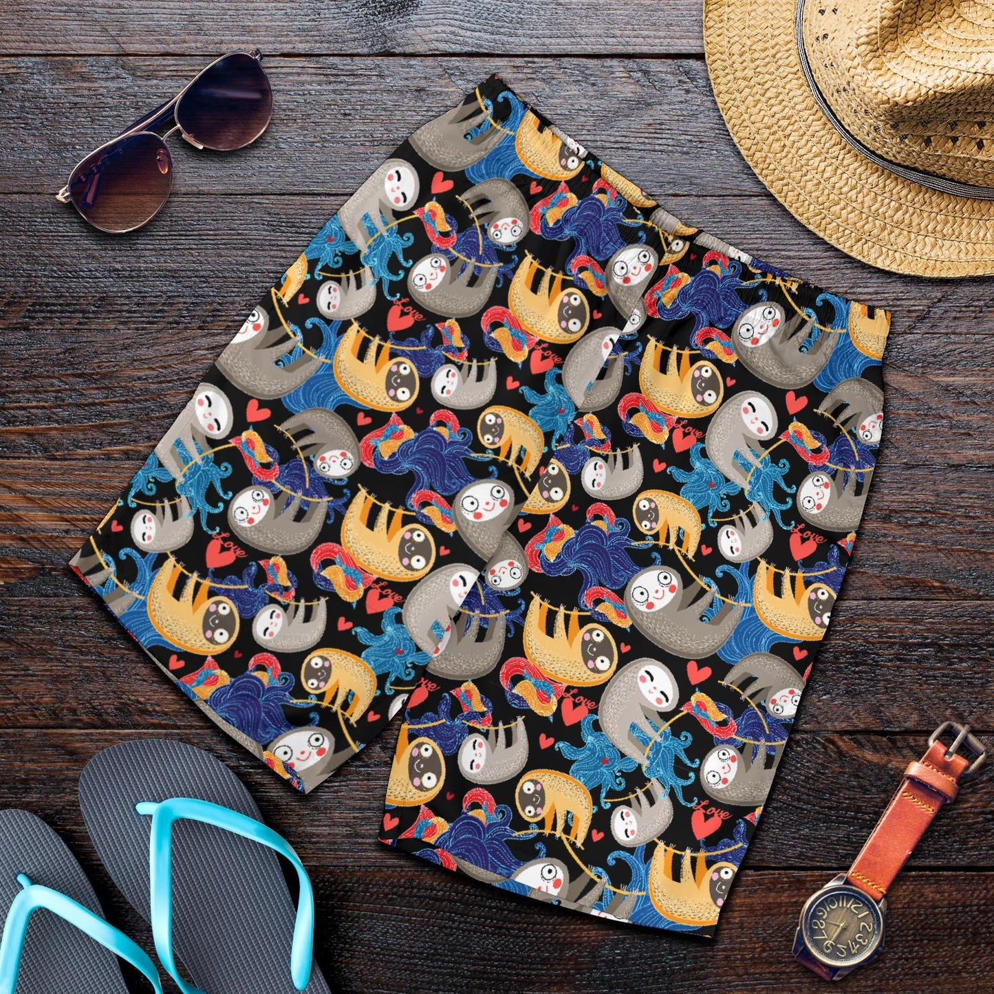 Sloth Cartoon Design Themed Print Mens Shorts-JTAMIGO.COM