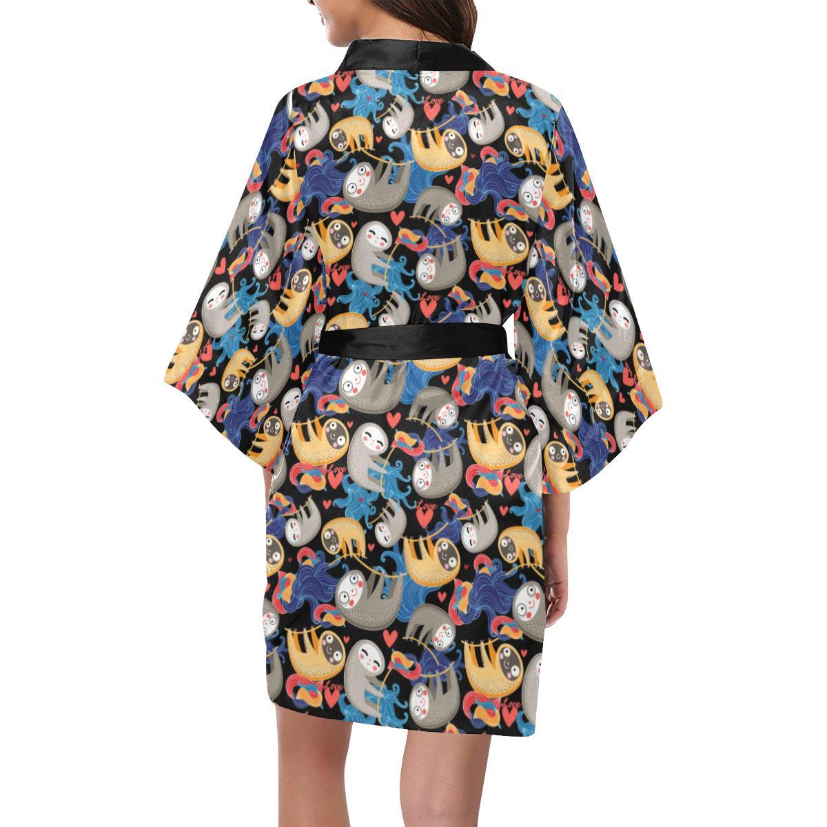Sloth Cartoon Design Themed Print Women Short Kimono Robe