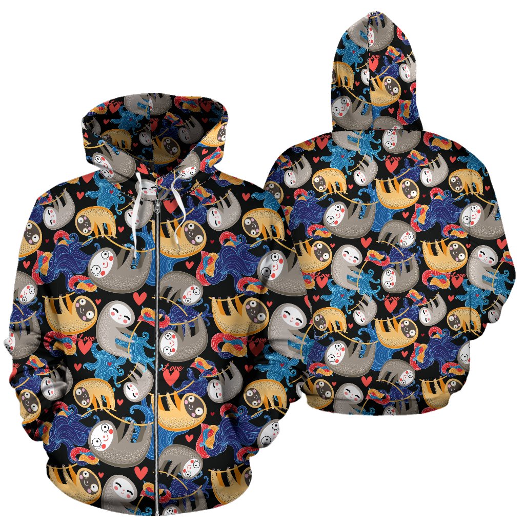 Sloth Cartoon Design Themed Print Zip Up Hoodie