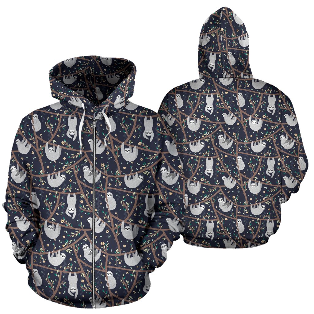 Sloth Happy Design Themed Print Zip Up Hoodie