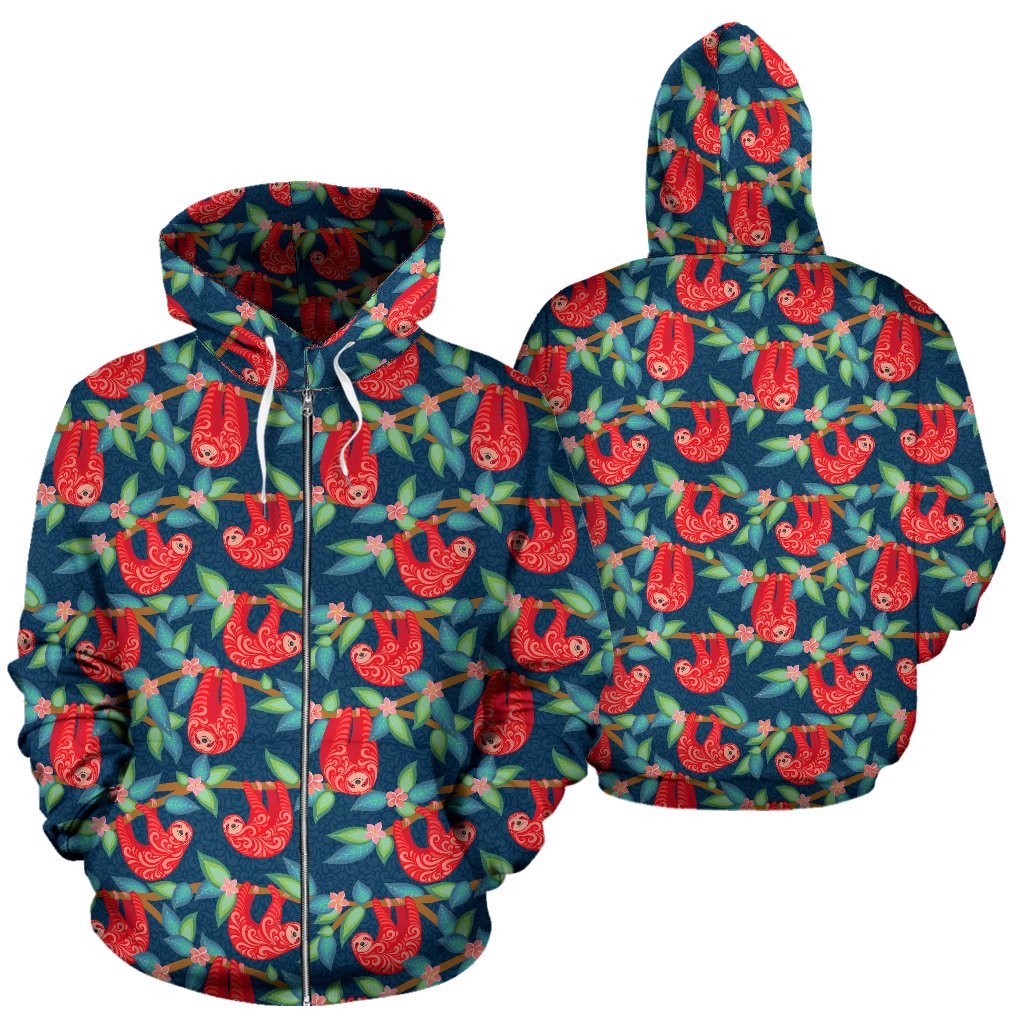 Sloth Red Design Themed Print Zip Up Hoodie