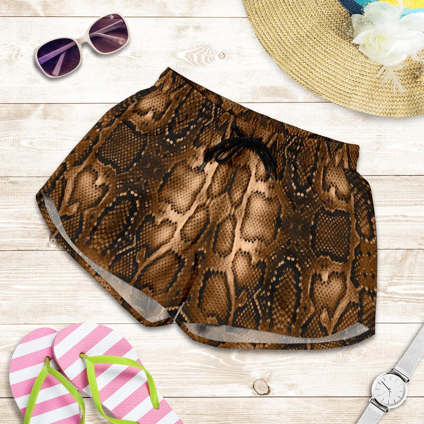 Snake Skin Brown Print Women Shorts-JTAMIGO.COM