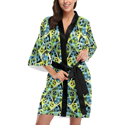 Soccer Ball Themed Print Design Women Short Kimono Robe