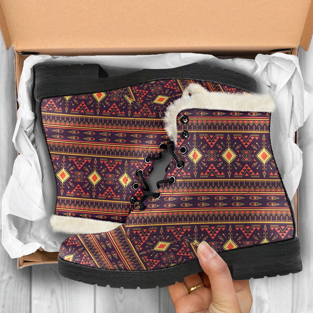 Southwest Ethnic Design Themed Print Faux Fur Leather Boots-JTAMIGO.COM