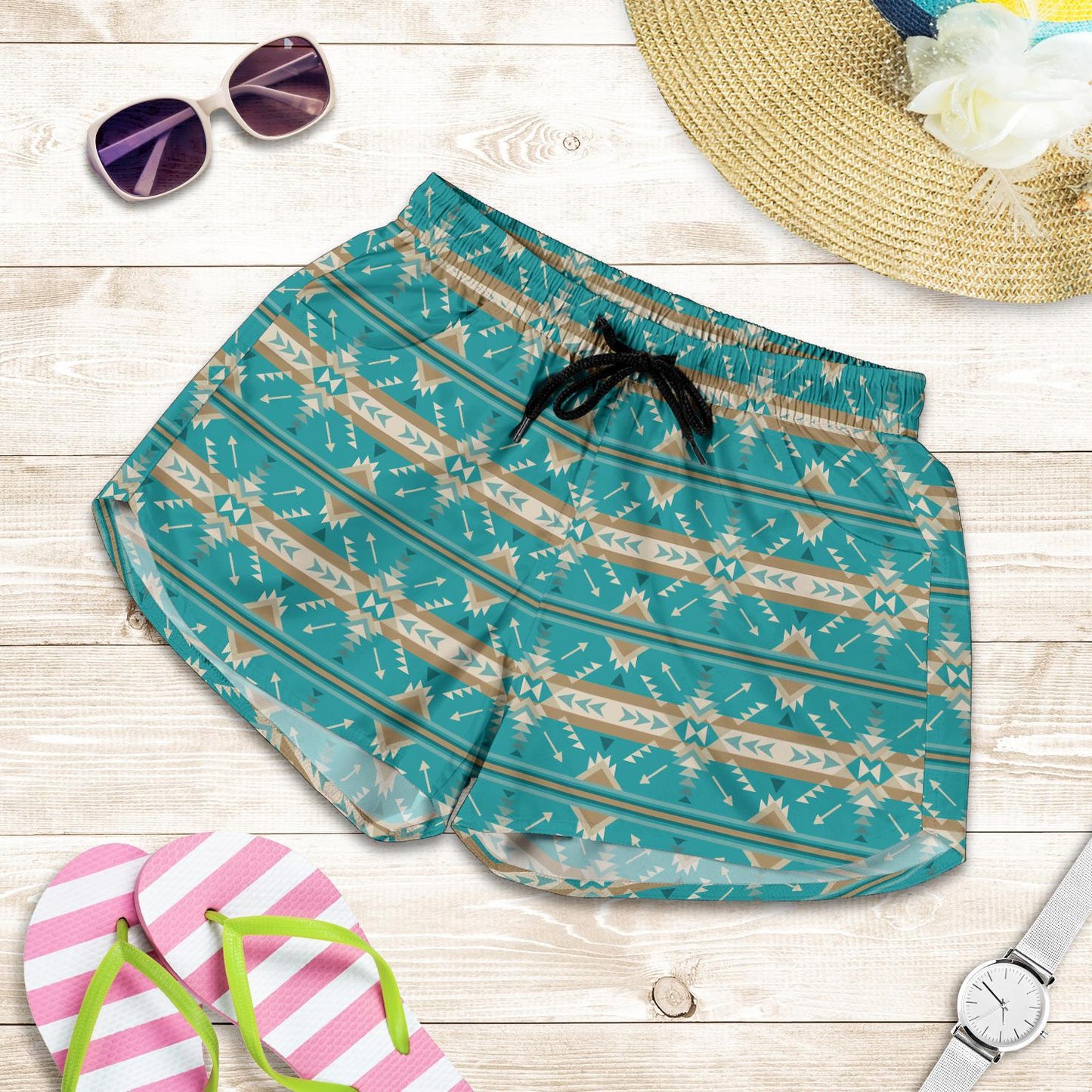 Southwest Native Design Themed Print Women Shorts-JTAMIGO.COM