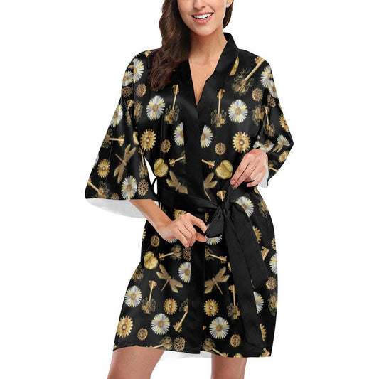 Steampunk Dragonfly Design Themed Print Women Short Kimono Robe
