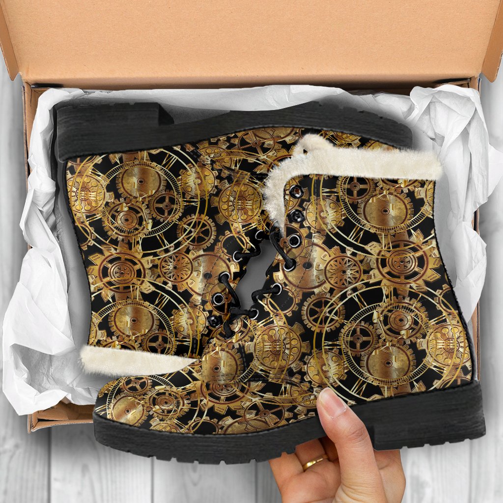 Steampunk Gear Design Themed Print Faux Fur Leather Boots-JTAMIGO.COM