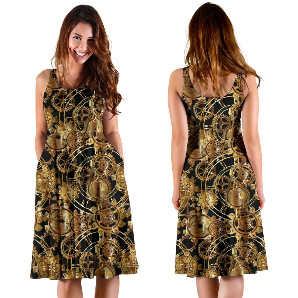 Steampunk Gear Design Themed Print Sleeveless Dress
