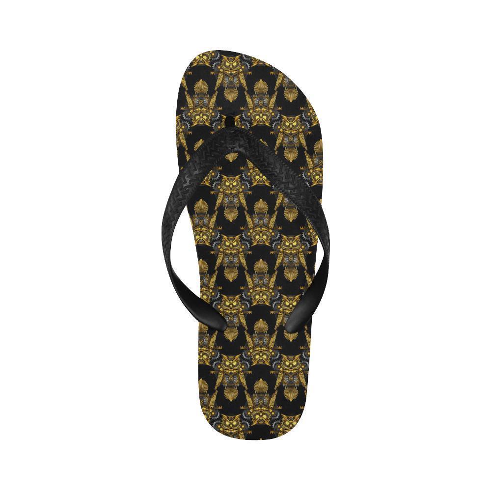 Steampunk Gold Owl Design Themed Print Flip Flops-JTAMIGO.COM