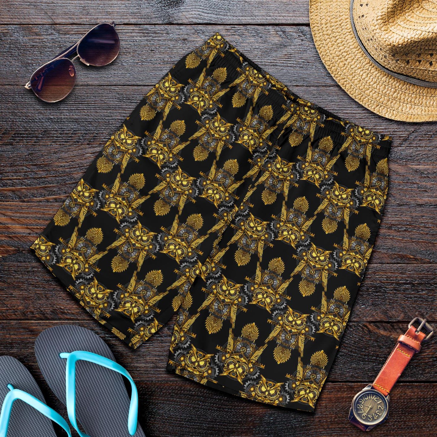 Steampunk Gold Owl Design Themed Print Mens Shorts-JTAMIGO.COM