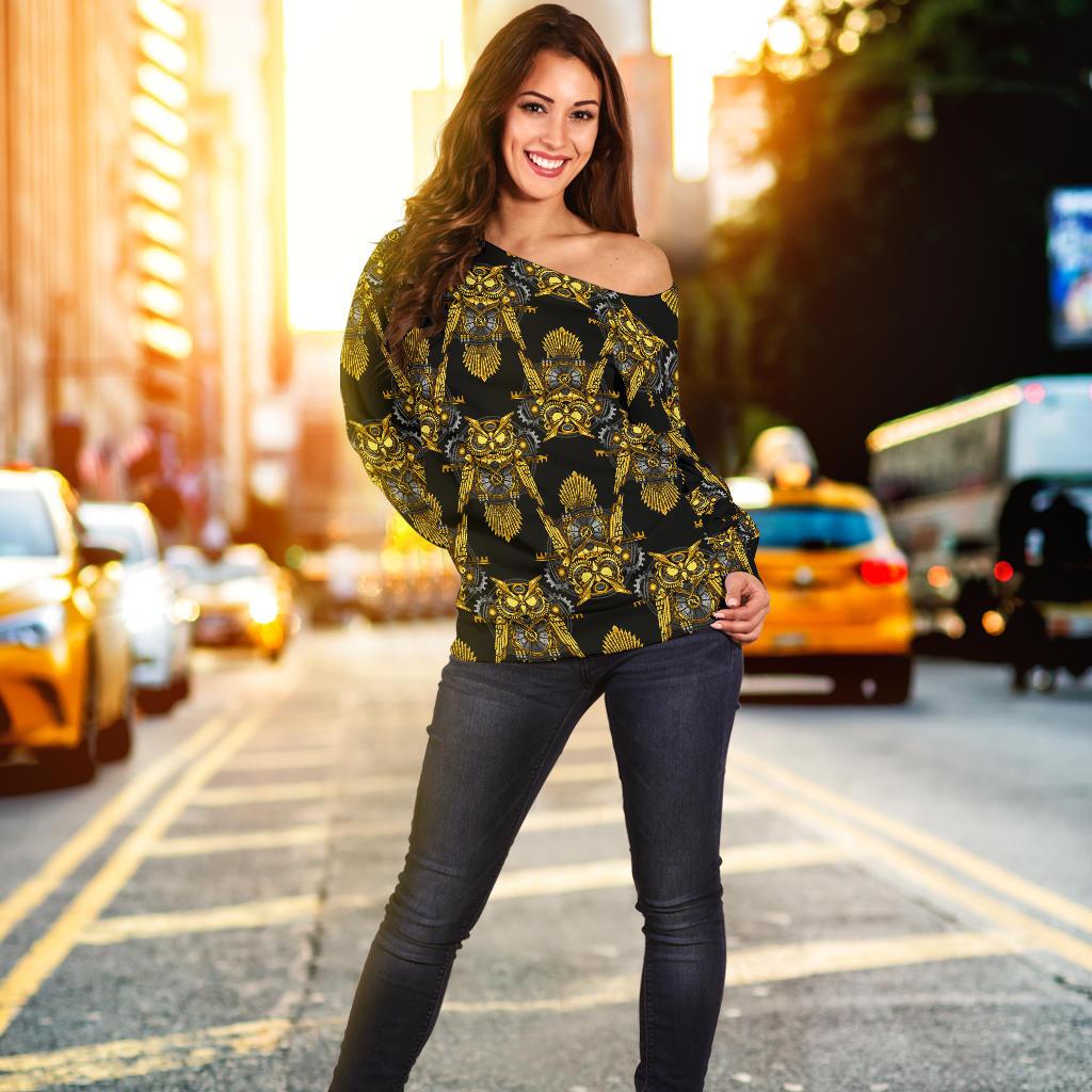 Steampunk Gold Owl Design Themed Print Off Shoulder Sweatshirt