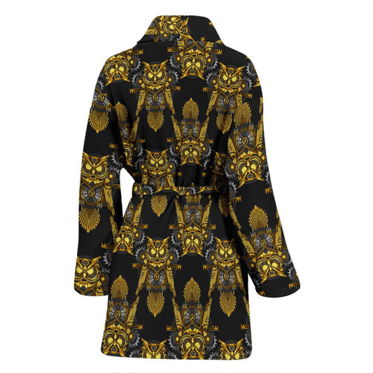 Steampunk Gold Owl Design Themed Print Women Bath Robe-JTAMIGO.COM