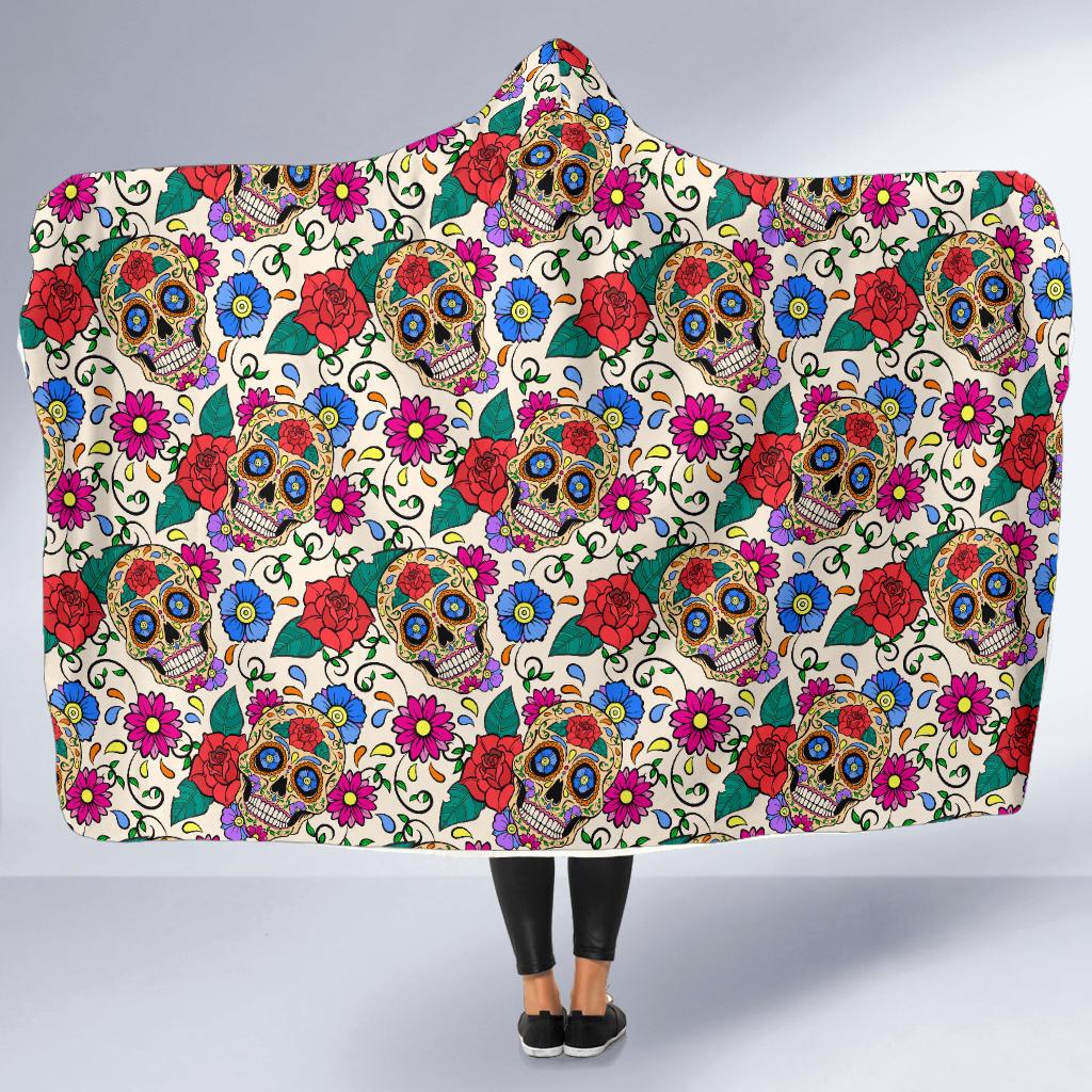 Sugar Skull Colorful Themed Print Hooded Blanket-JTAMIGO.COM