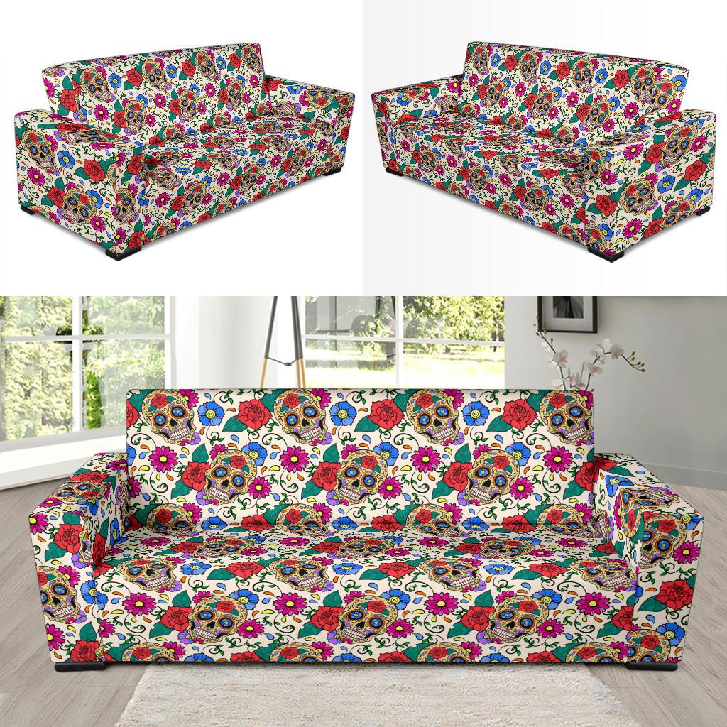 Sugar Skull Colorful Themed Print Sofa Slipcover-JTAMIGO.COM