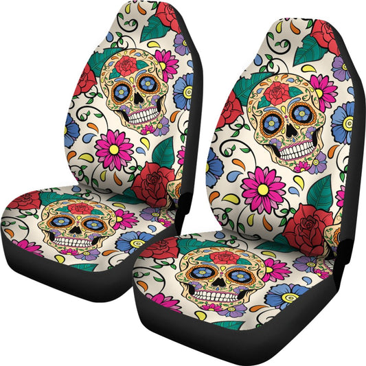 Sugar Skull Colorful Themed Print Universal Fit Car Seat Covers
