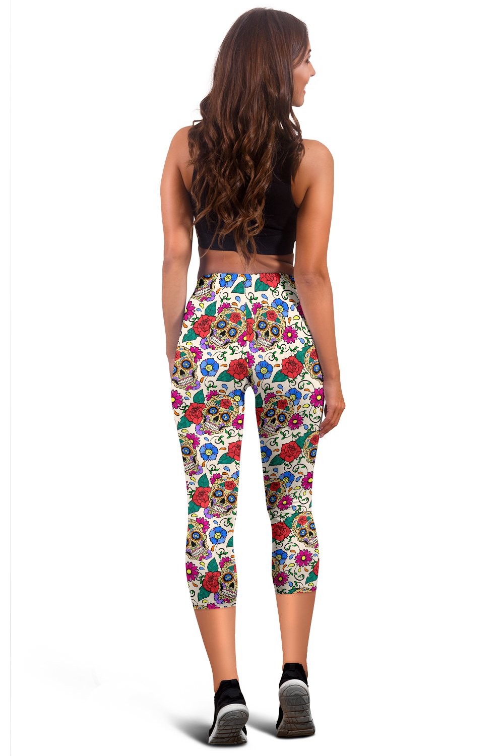Sugar Skull Colorful Themed Print Women Capris