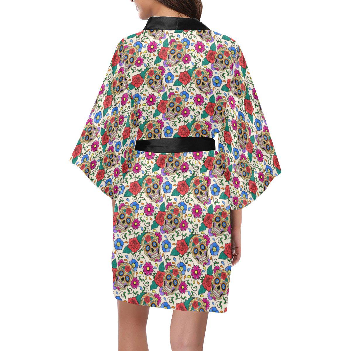 Sugar Skull Colorful Themed Print Women Short Kimono Robe