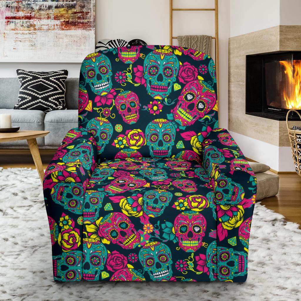 Sugar Skull Floral Design Themed Print Single Sofa Slipcover -JTAMIGO.COM