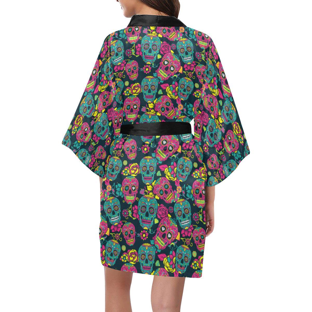 Sugar Skull Floral Design Themed Print Women Short Kimono Robe