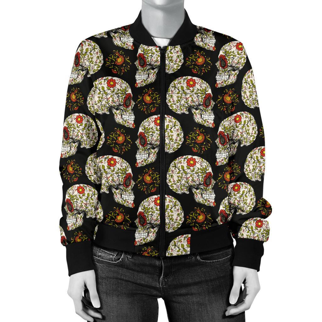 Sugar Skull Flower Design Themed Print Women Casual Bomber Jacket