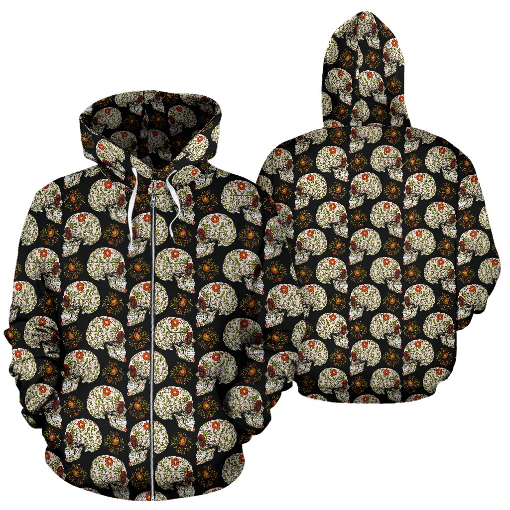 Sugar Skull Flower Design Themed Print Zip Up Hoodie