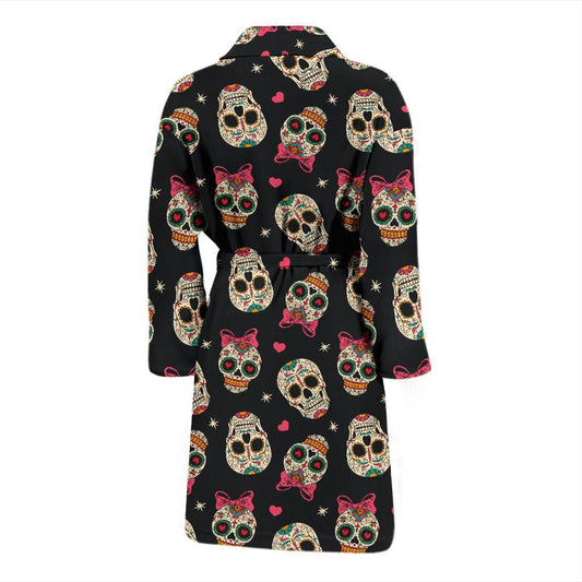 Sugar Skull Pink Bow Themed Print Men Bath Robe-JTAMIGO.COM