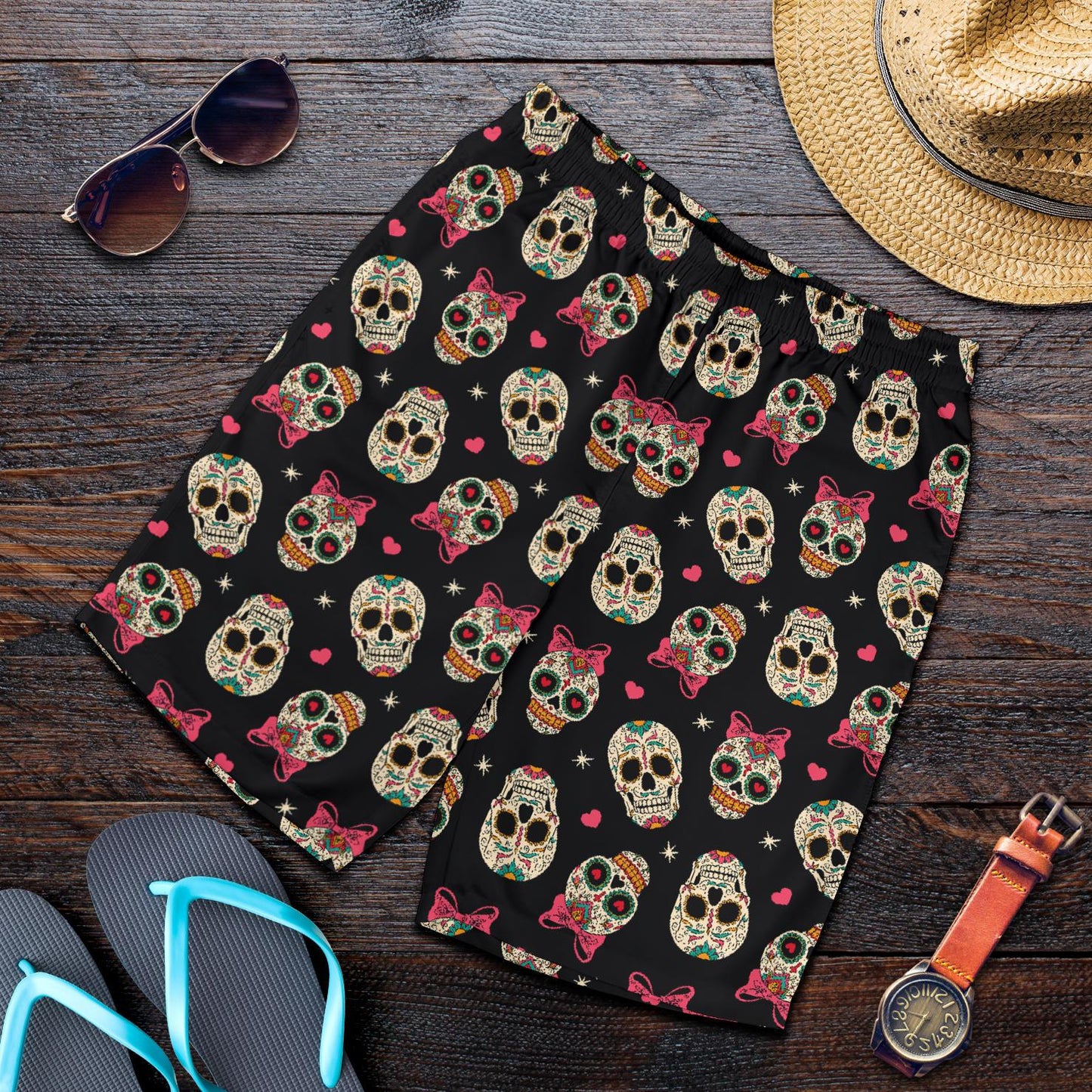 Sugar Skull Pink Bow Themed Print Mens Shorts-JTAMIGO.COM