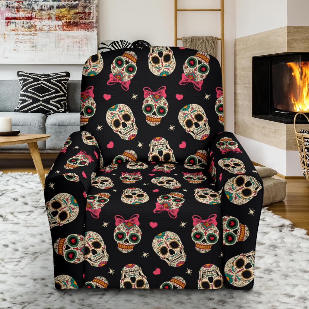 Sugar Skull Pink Bow Themed Print Single Sofa Slipcover -JTAMIGO.COM