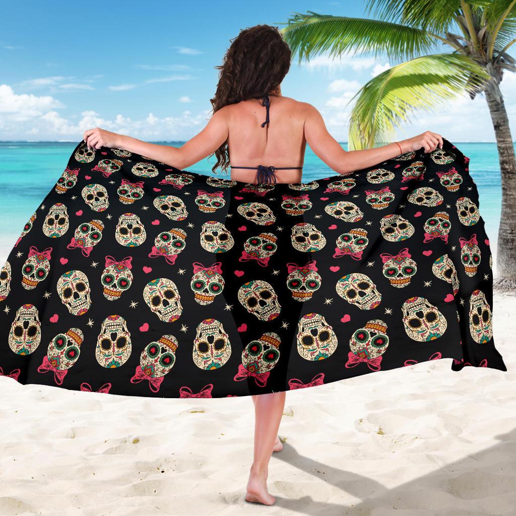 Sugar Skull Pink Bow Themed Print Sarong Pareo Wrap