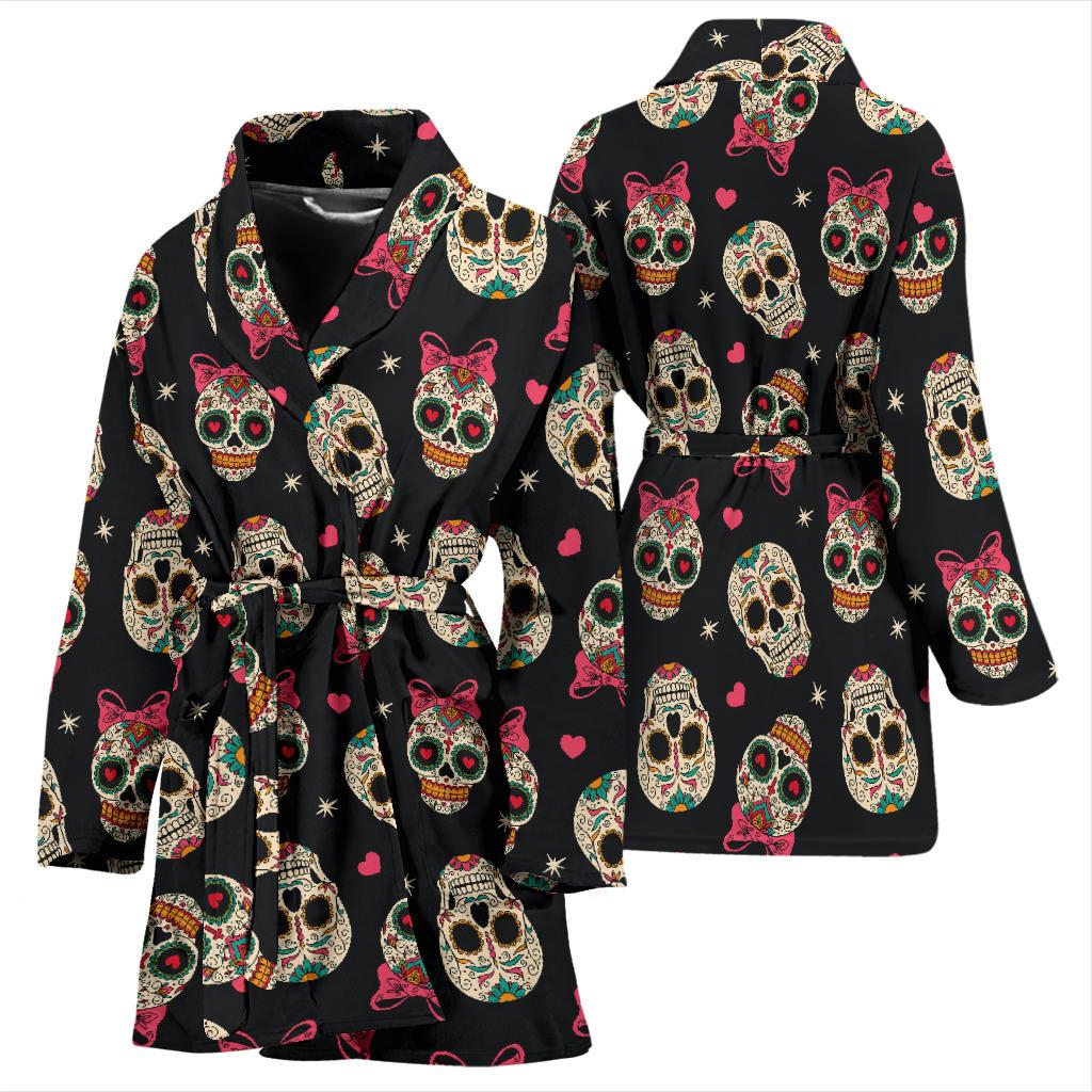 Sugar Skull Pink Bow Themed Print Women Bath Robe-JTAMIGO.COM