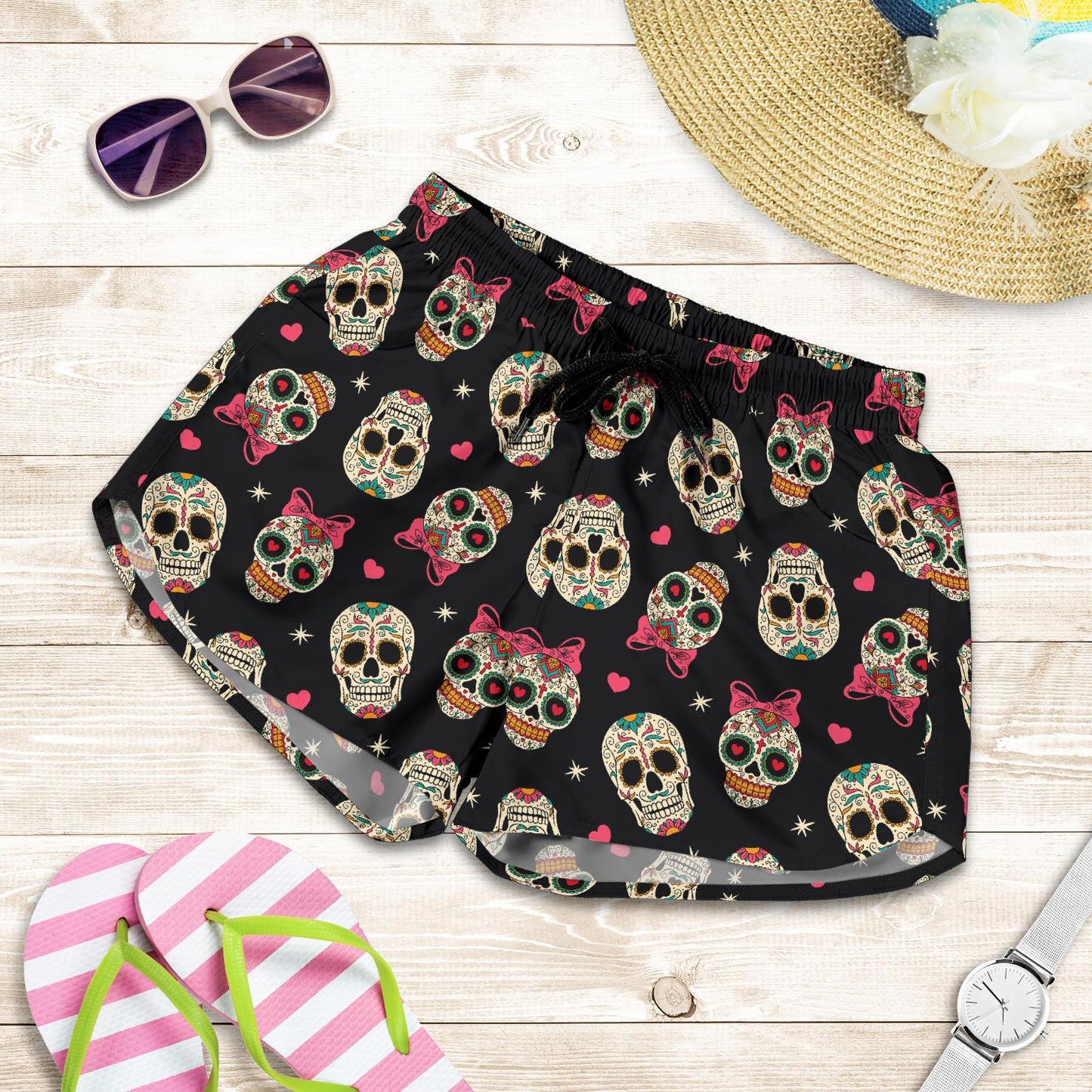 Sugar Skull Pink Bow Themed Print Women Shorts-JTAMIGO.COM