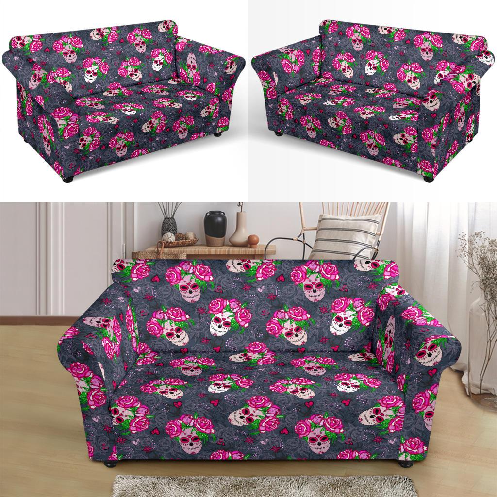 Sugar Skull Pink Rose Themed Print Loveseat Slipcover-JTAMIGO.COM
