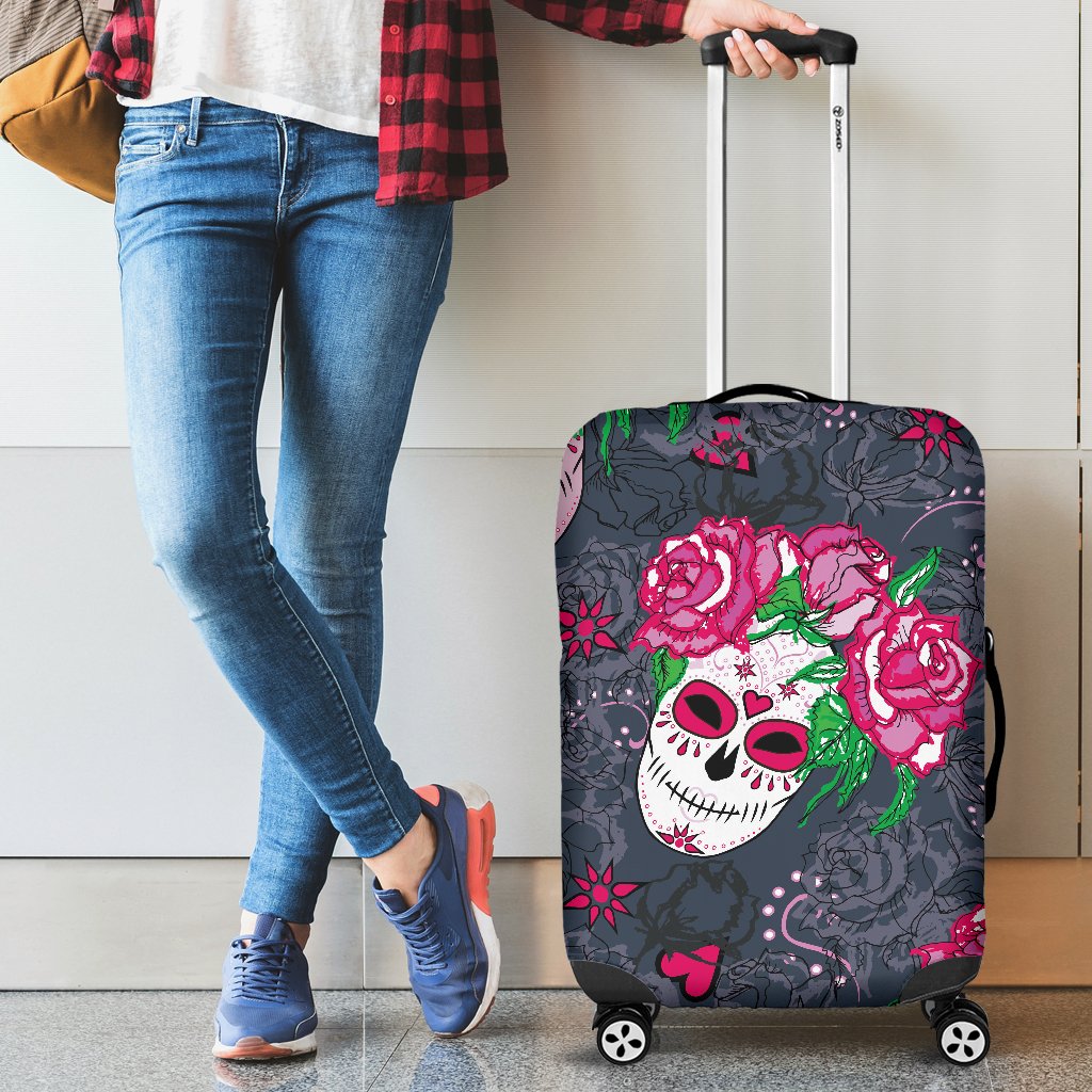 Sugar Skull Pink Rose Themed Print Luggage Cover Protector