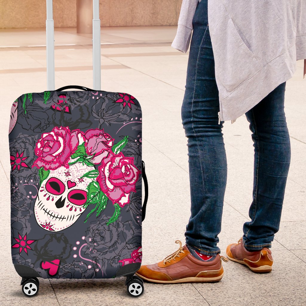 Sugar Skull Pink Rose Themed Print Luggage Cover Protector