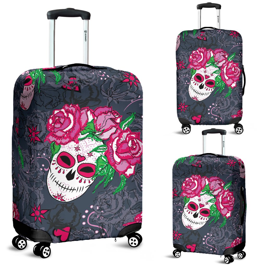 Sugar Skull Pink Rose Themed Print Luggage Cover Protector