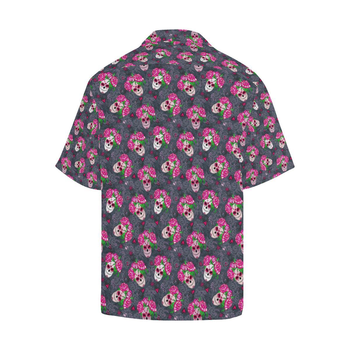 Sugar Skull Pink Rose Themed Print Men Aloha Hawaiian Shirt