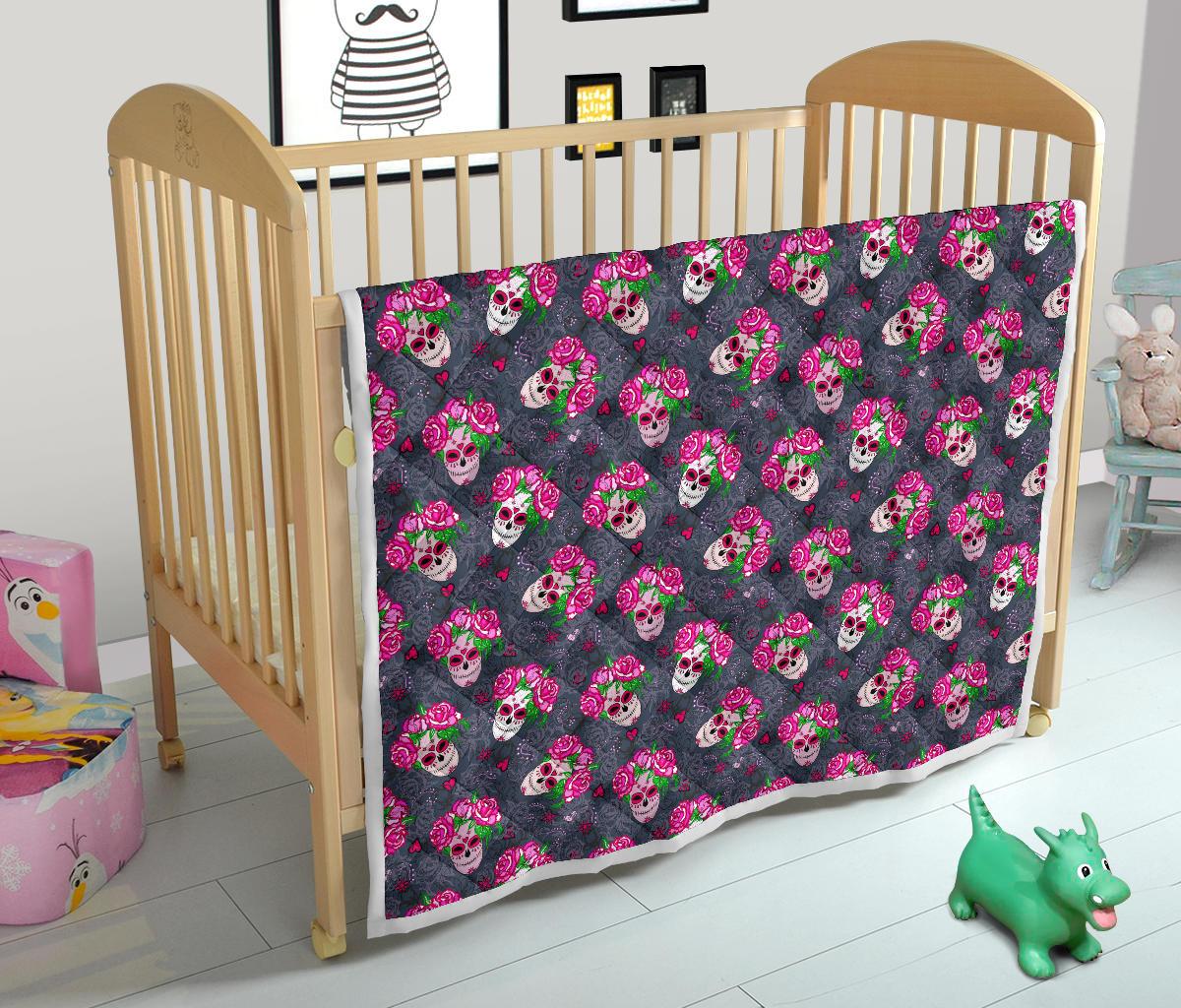 Sugar Skull Pink Rose Themed Print Premium Quilt-JTAMIGO.COM
