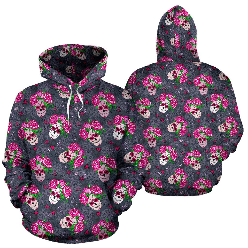 Sugar Skull Pink Rose Themed Print Pullover Hoodie