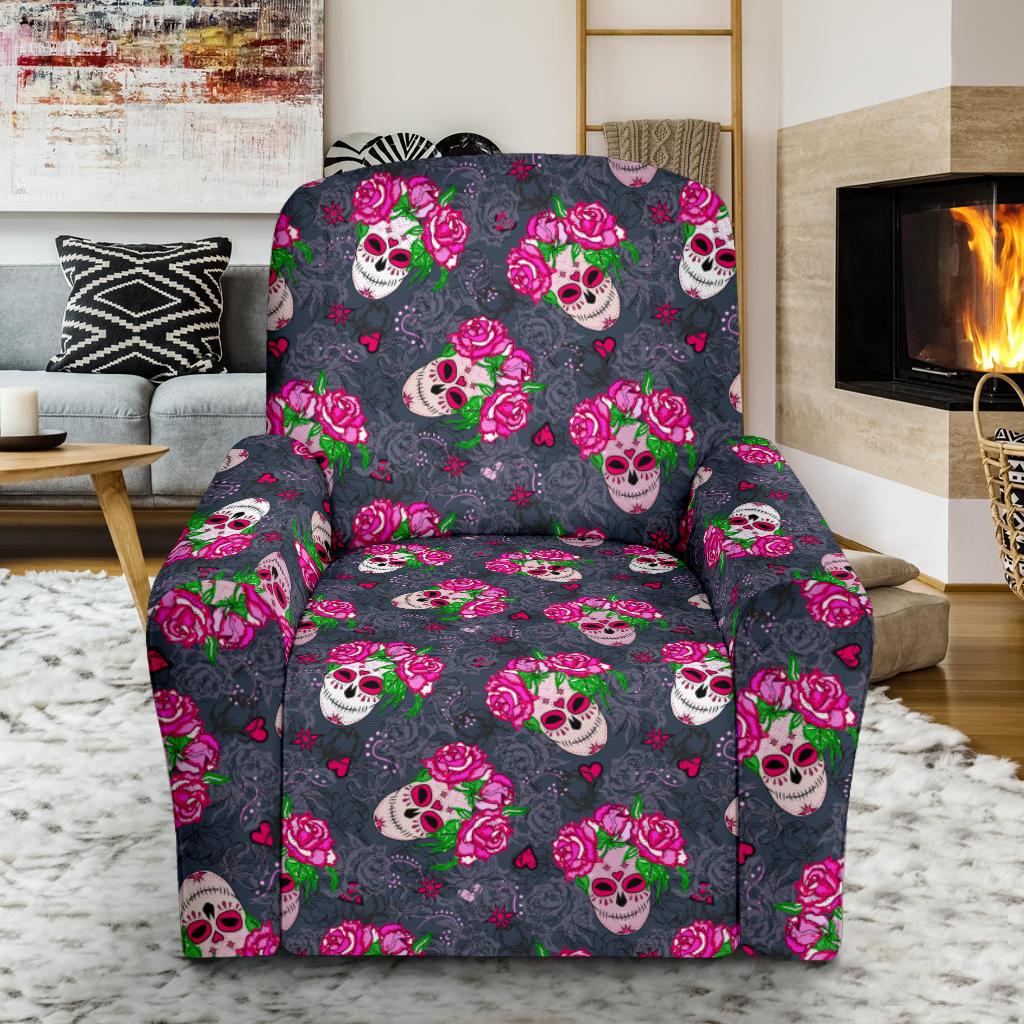 Sugar Skull Pink Rose Themed Print Single Sofa Slipcover -JTAMIGO.COM