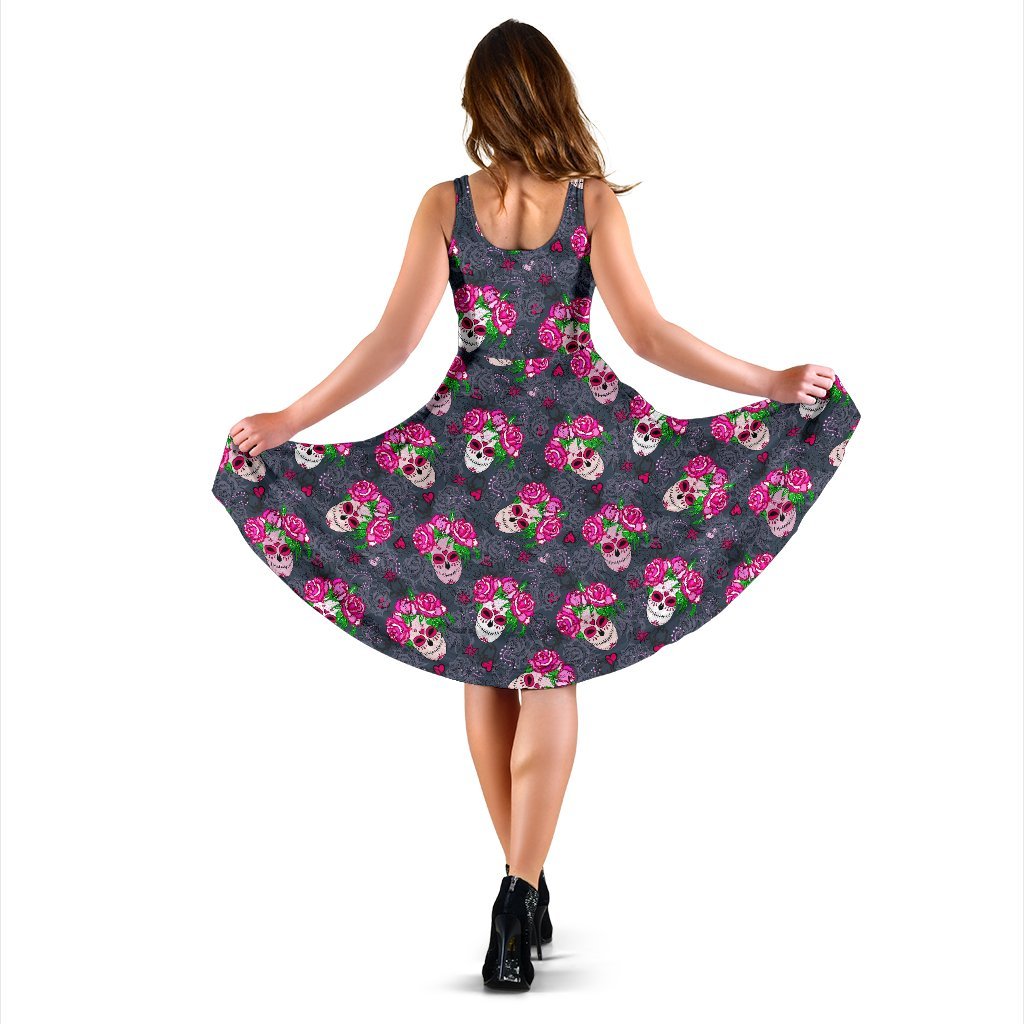 Sugar Skull Pink Rose Themed Print Sleeveless Dress