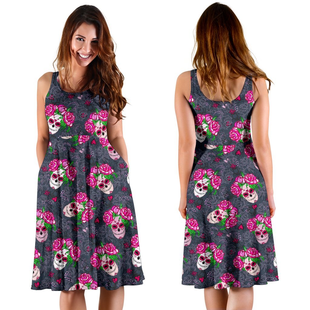 Sugar Skull Pink Rose Themed Print Sleeveless Dress