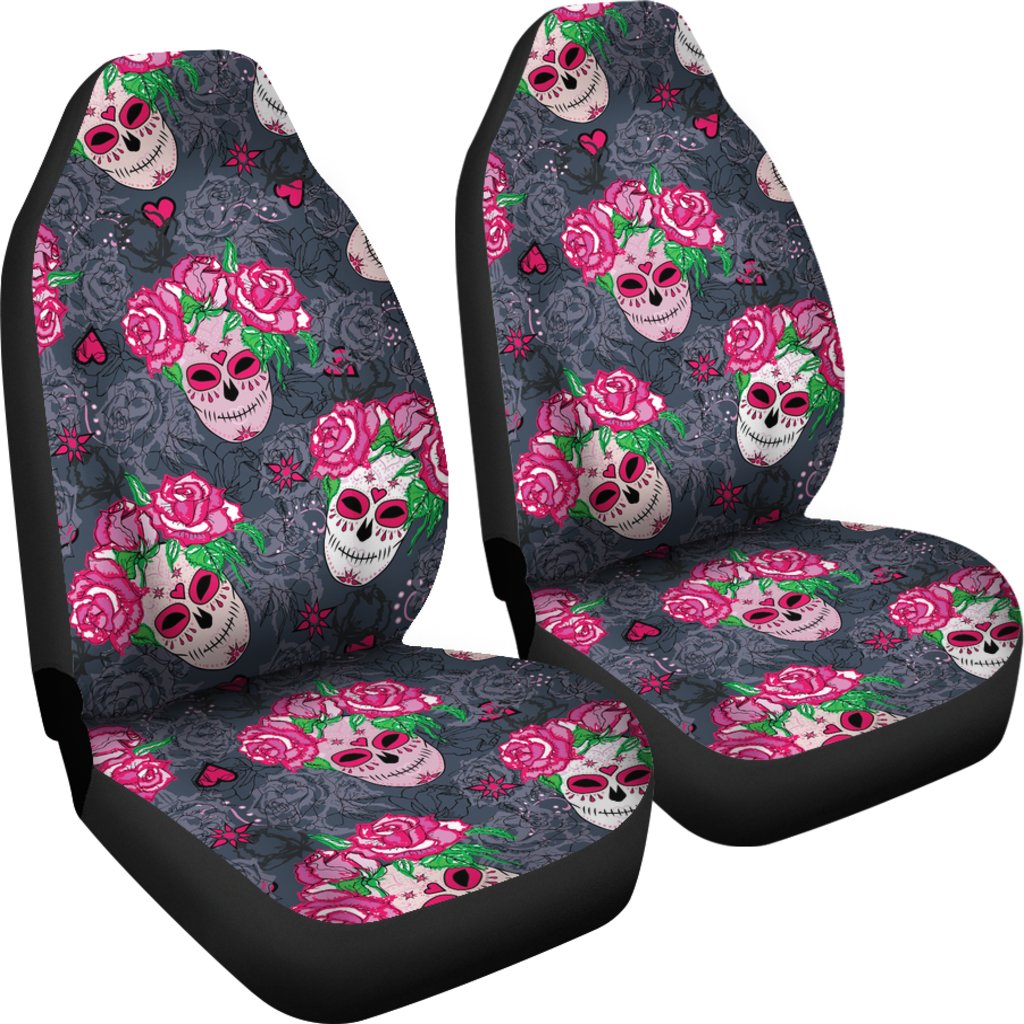Sugar Skull Pink Rose Themed Print Universal Fit Car Seat Covers