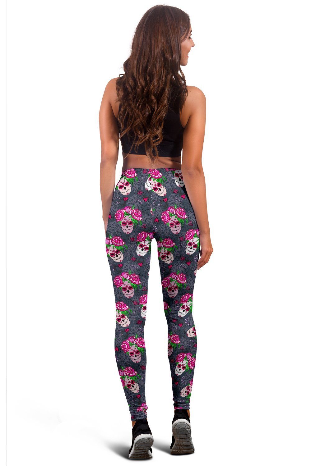 Sugar Skull Pink Rose Themed Print Women Leggings